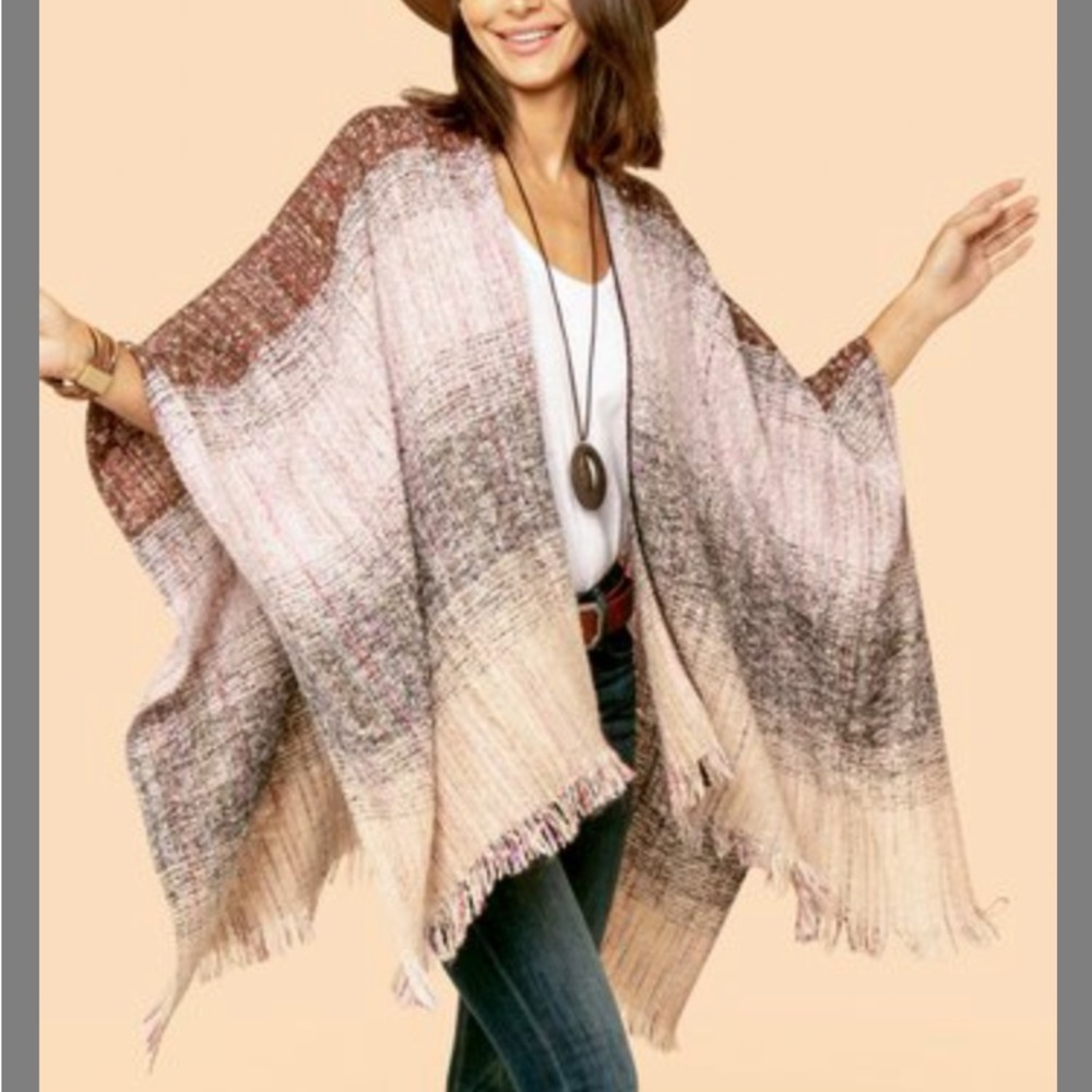 Lapis Taupe Stripe Fringe Hem Ruana poncho/shawl one size